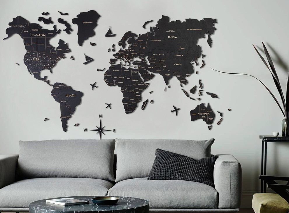 peta dunia dinding kayu warna hitam