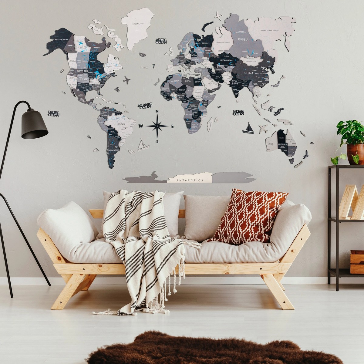 peta dinding dunia yang diperbuat daripada kayu