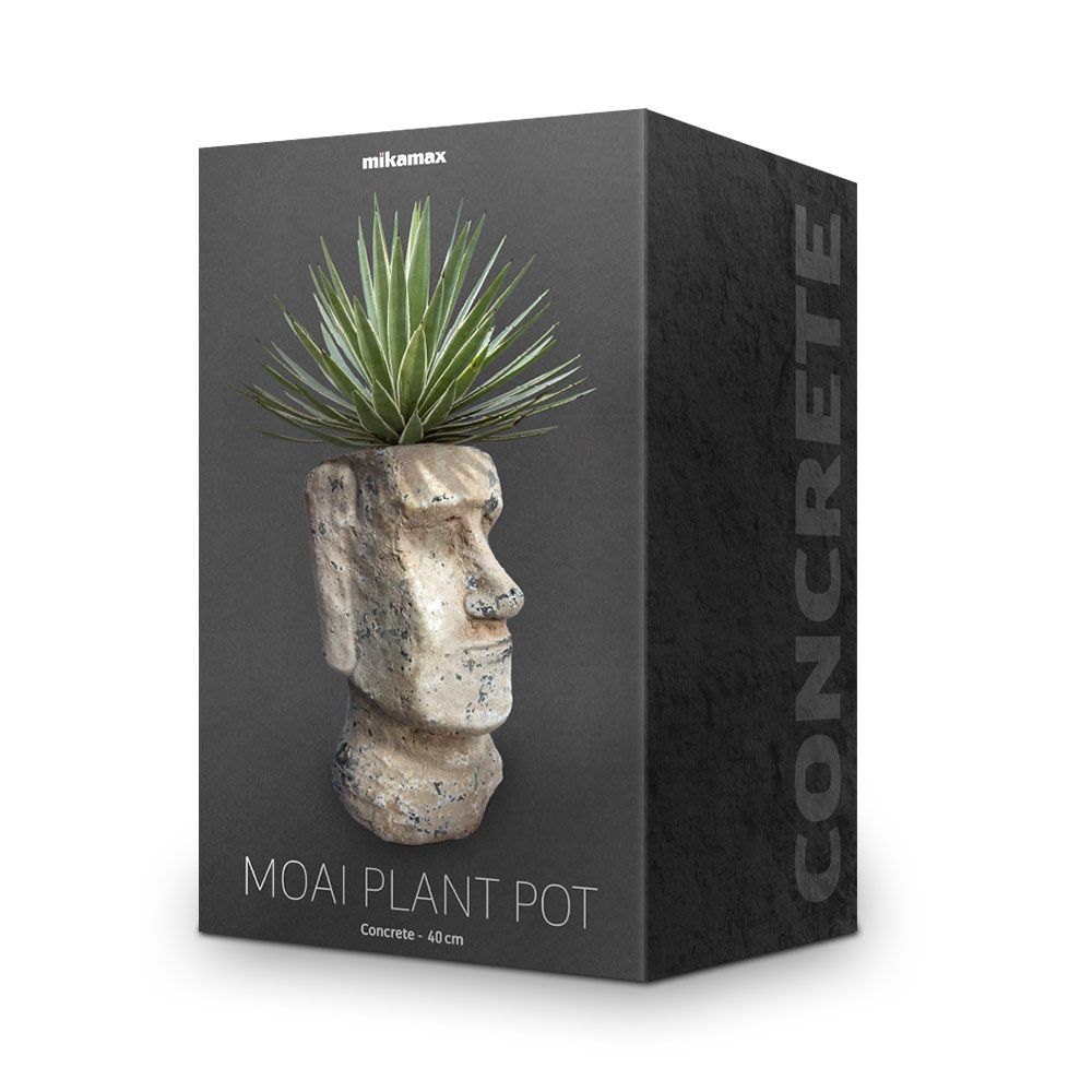 Pasu bunga berbentuk kepala moai yang diperbuat daripada konkrit batu