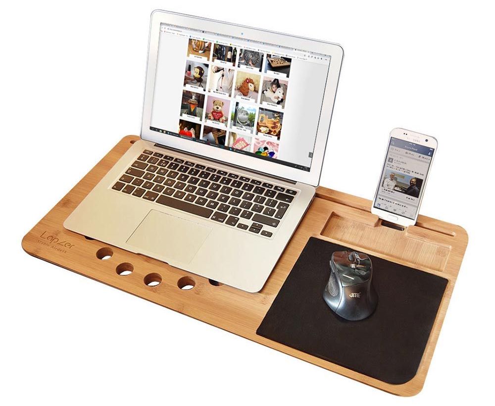 Pad untuk komputer riba di atas katil yang diperbuat daripada kayu + kaki telefon bimbit