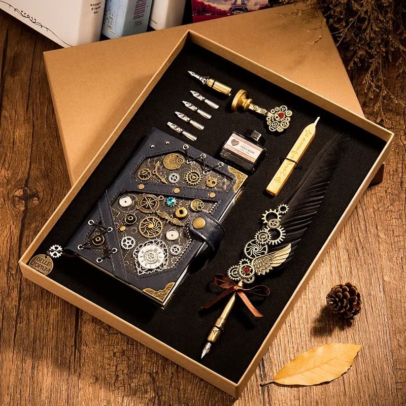 Buku nota Steampunk + pencelup bulu - set pen hadiah mewah eksklusif