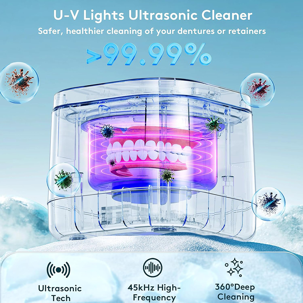 pembersih penahan ultrasonik pembersih gigi palsu U-V 99.99% pembersihan ringan