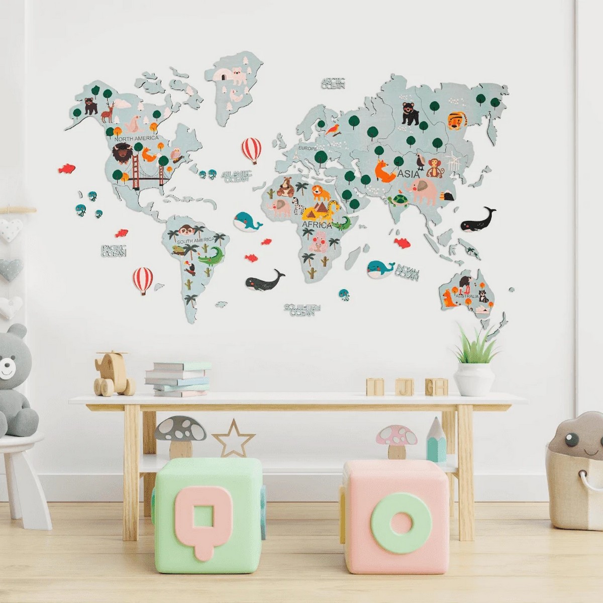 peta dunia kayu 2d kanak-kanak di dinding