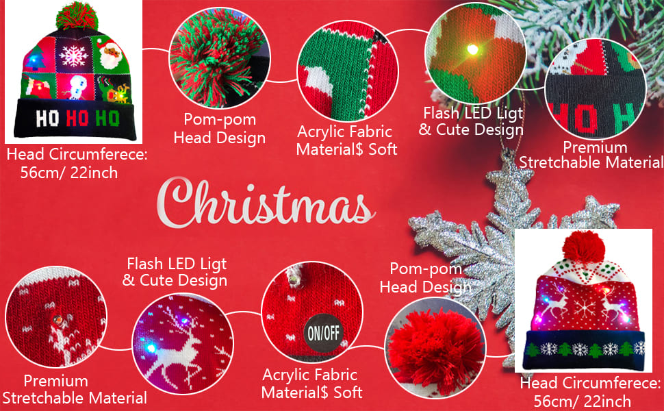 Beanies Krismas untuk musim sejuk dengan pelbagai motif (reka bentuk) diterangi dengan LED