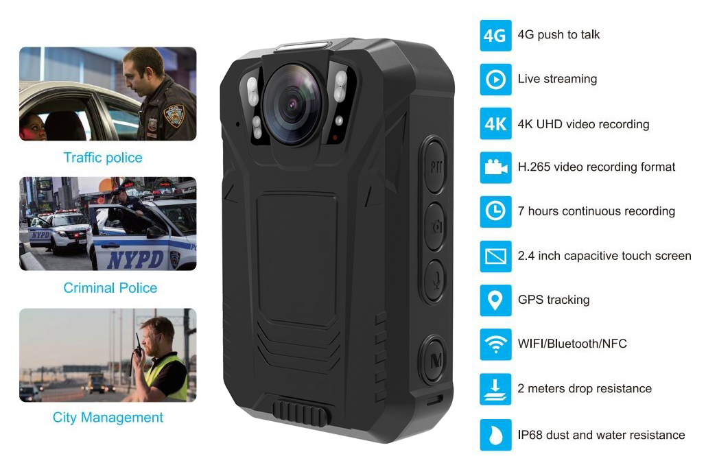 Kamera badan polis 4G body cam wifi bluetooth PTT IP68 NFC